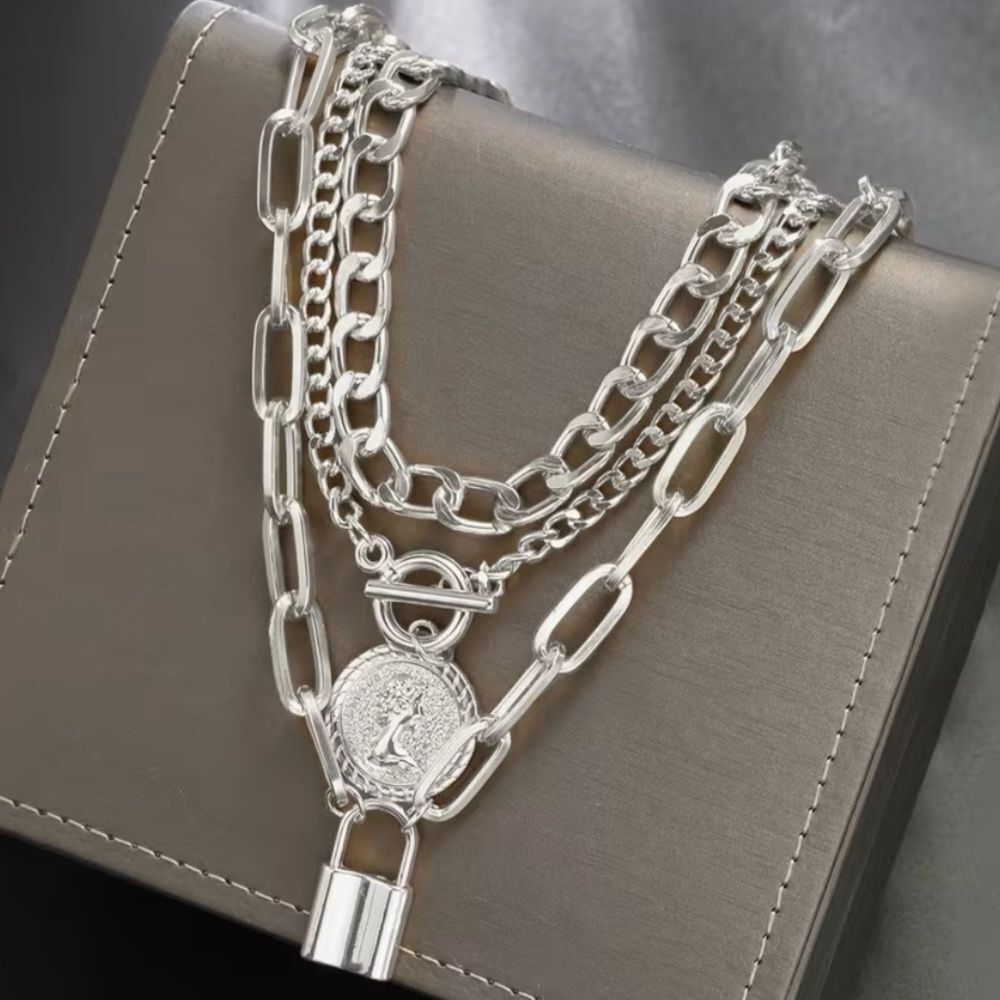🩶 NEW Minimalist Boho Triple Silver Chain Necklace with Pendant 🩶